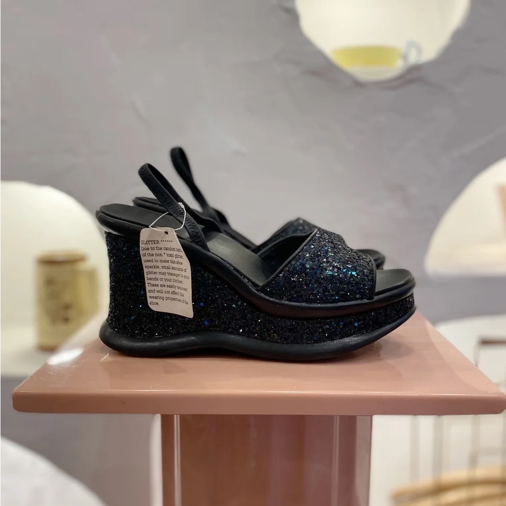 Y2K Chunky Black Sparkly Glitter Wedge Platform Sandals